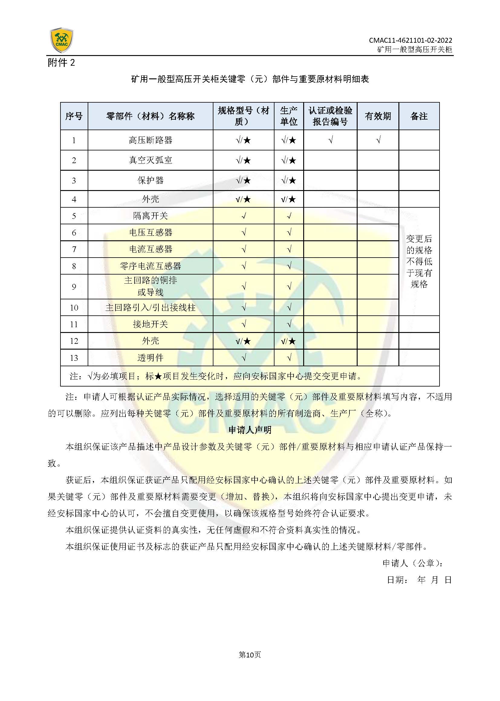 矿用一般型高压开关柜CMAC自愿性产品认证规则